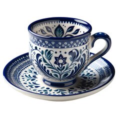 Hand-Painted Ceramic Tea Cup and Saucer with Traditional Polish Boleslawiec Floral Pattern isolated on transparent background 