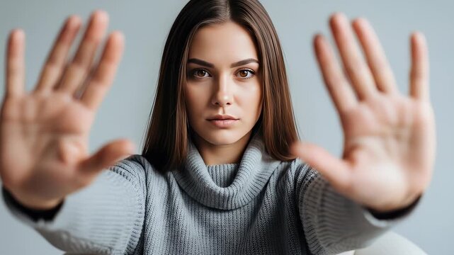 Young woman gesturing stop with both hands in front of her with neutral background and soft diffused lighting calm expression showing defensive posture