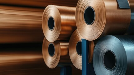 A collection of substantial rolls made from steel and aluminum is positioned on stands inside a modern warehouse, awaiting processing into various shapes and plates