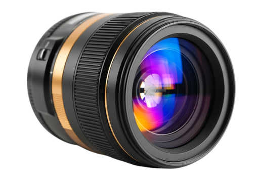 Professional camera lens with golden ring and colorful glass isolated on transparent background