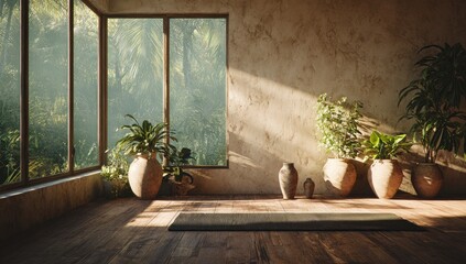 Sunlit interior with large windows overlooking a lush, green forest, potted plants