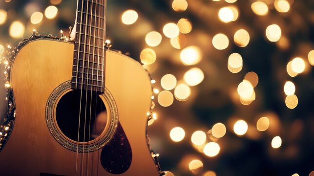 Acoustic Guitar and Festive Lights for a Christmas Celebration