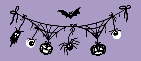 Cute Halloween pennant cobweb garland whimsical sketch illustrations with ghost, pumpkin, eye ball, spider and bat icons for party. Black web add spooky charm for party decoration or background vector