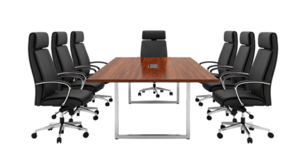 Modern conference room with a large wooden table and eight black leather executive chairs, isolated on transparent background