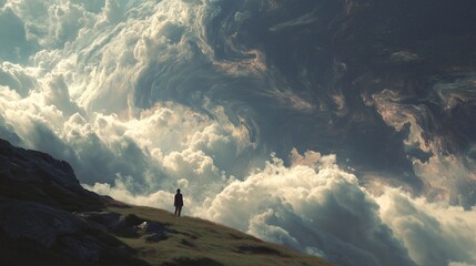 Person stands on a hilltop gazing at swirling clouds in a surreal sky landscape