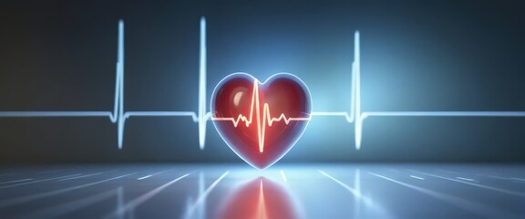 Human heart with heartbeat graph on dark background.