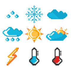 Pixel weather icons set in retro 8-bit style. Creative vector illustration of sun, cloud, rain, snow, storm, and thermometer elements for game design, web, sticker, or digital projects.