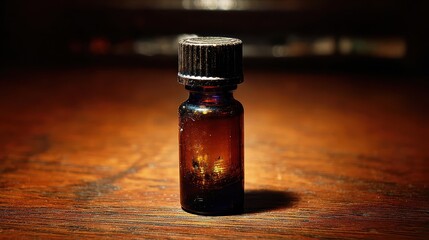 Amber Glass Bottle with Black Cap on Wooden Surface