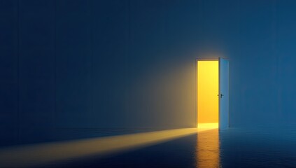A luminous doorway emits a bright golden light in a dark, moody, abstract architectural setting