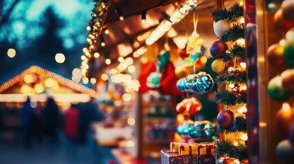 Naklejka premium Christmas Market Stalls with Decorative Lights and Ornaments