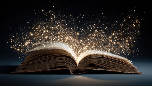 Open weathered book illuminated by radiant, glowing particles rising into a dark atmosphere