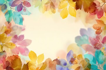 Abstract composition with colorful translucent leaves arranged around a bright, warm central space