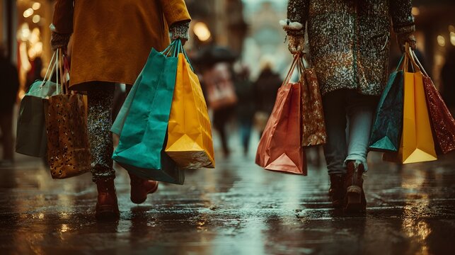 Realistic photo of friends shopping together carrying multiple bags black friday