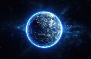 A vibrant blue and green planet, illuminated by a soft halo, set in a cosmic panorama