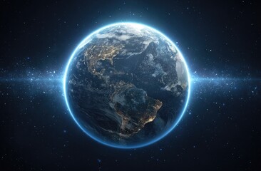 Obraz premium A realistic depiction of Earth in space, illuminated by a celestial glow and starry background