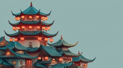 Traditional Asian Pagoda with Multiple Tiers and Curved Roofs Illuminated at Night, Architectural Heritage of East Asian Culture and History, Famous Landmark