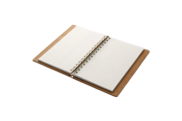 Brown leather spiral-bound notebook opened to show lined white pages, ready for writing, isolated on a transparent background