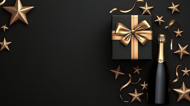 This minimalistic design features a black background with beautifully arranged gift boxes, a champagne bottle, and decorative stars, creating a perfect festive ambiance for celebrations
