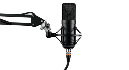 A professional black studio microphone with a boom arm, isolated on transparent background