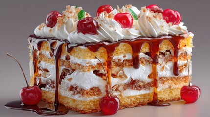 Delicious layered vanilla sponge cake with whipped cream cherries caramel sauce and chocolate drizzle on a white background perfect dessert