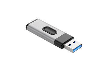 USB memory stick, silver metal finish with black accents, thumb drive with visible connector, isolated on a transparent background