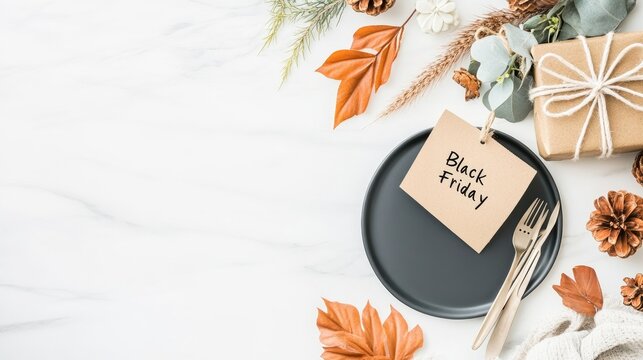 A stylish table setting showcases a black plate with a white card labeled Black Friday, complemented by cutlery and decorative greenery on a gray marble surface