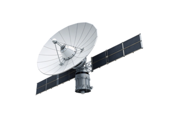 Communications satellite with large parabolic dish antenna, extended solar panels, cylindrical body, space observation equipment mounted, isolated on a transparent background