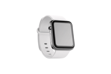 White smartwatch shown at angle, square display face, silver metal casing, white rubber band with adjustment holes, isolated on a transparent background