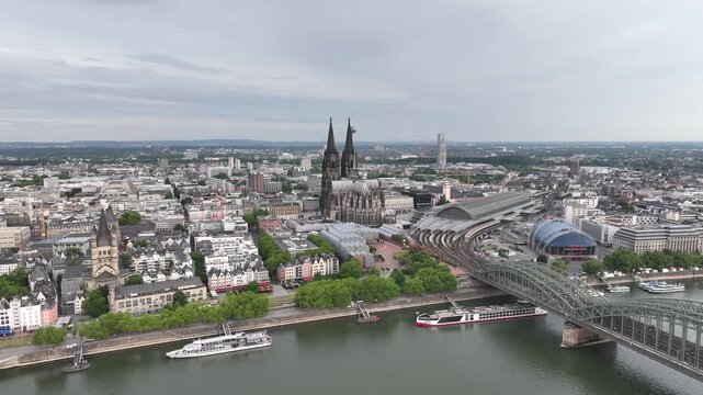 Cologne City Cathedral, Central Train Station, Hbf, Rhine River. Hohenzollern Bridge. Germany, Drone