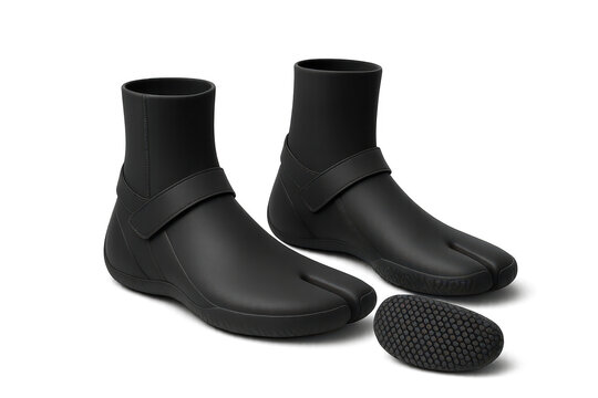 Black split-toe wetsuit diving boots with sole isolated on transparent background