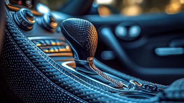 Car interior detail gear shift, textured surface, stitching, focus on lever