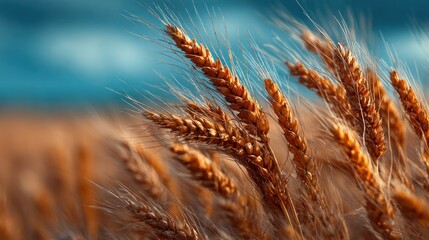 Close-up of golden wheat stalks swaying gently in the breeze with a blurred blue sky and ocean background, captu the beauty of nature and agriculture
