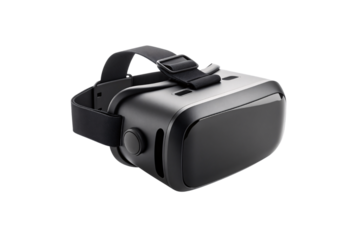 Virtual reality headset with side adjustment dial and padded foam interface, sleek black gray design, isolated on a transparent background
