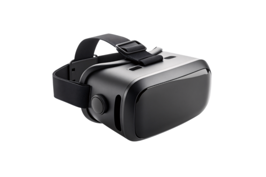 Virtual reality headset with side adjustment dial and padded foam interface, sleek black gray design, isolated on a transparent background