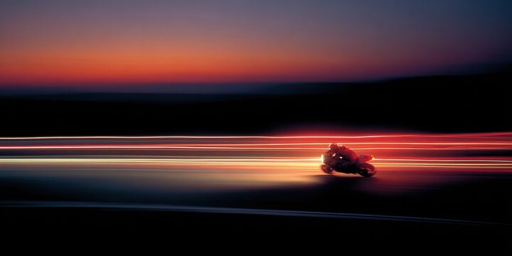 Motorcycle racer speeding at night with glowing light trails and adrenaline rush