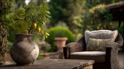 A rustic ceramic vase with lemon tree branches, placed on an outdoor table beside comfortable chairs and soft cushions, set in the tranquil ambiance of lush greenery.