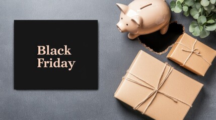 A cheerful piggy bank rests next to a Black Friday promotional message breaking through a textured wall, highlighting shopping savings and excitement