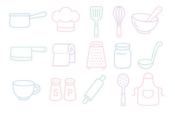 Colorful kitchen utensils outline set: tools for cooking and baking