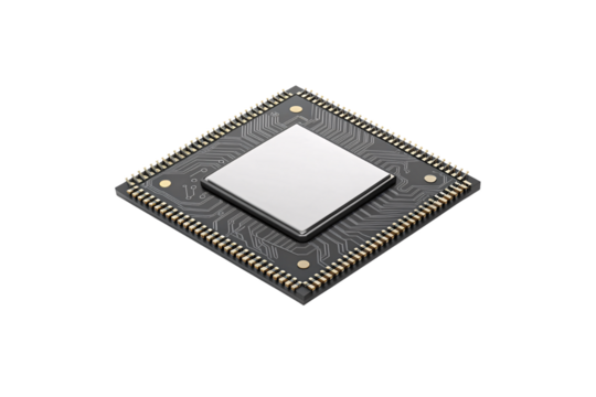 Computer processor chip isometric view, silver heat spreader, dark PCB with gold pins and traces, isolated on a transparent background
