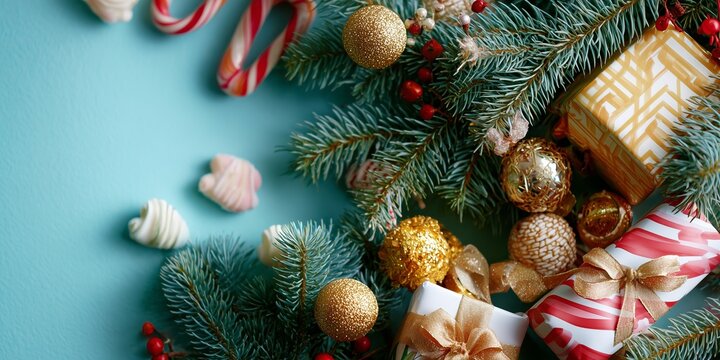 Beautifully arranged Christmas decorations with gifts and ornaments on a blue background