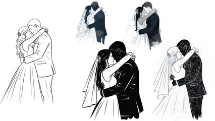 Bride and groom kissing illustration set, romantic embrace, line art, watercolor, sketch, vector design