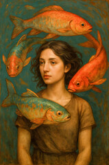 Woman Surrounded by Golden and Teal Fish