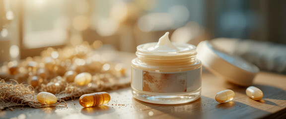Skincare cream jar and capsules on wooden surface.
