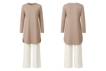 Beige long tunic and white trousers isolated on transparent background.
