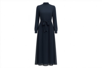 Modest navy blue long dress with tie belt, isolated on transparent background