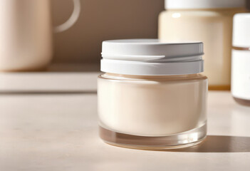 Minimalist glass jar of face cream on neutral background.