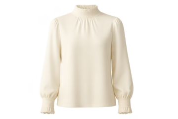 Cream blouse, ruffled mock neck, puff sleeves, isolated on transparent background.