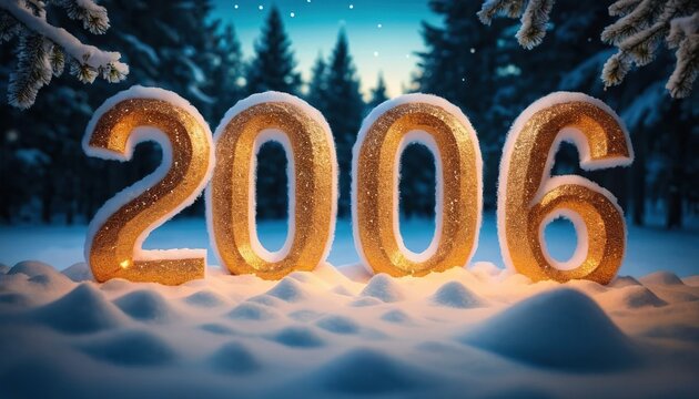 Golden 2006 numbers made of sparkling glitter resting in the snow on a magical winter night, a nostalgic concept