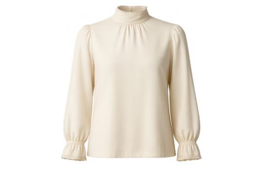 Elegant cream long-sleeved blouse with ruffled collar, isolated on transparent background