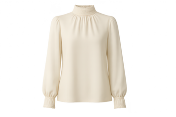 Cream blouse, ruched neck, long sleeves, isolated, transparent background.